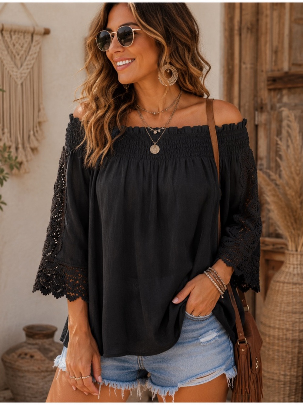 Chico’s NWT Black Off-the-Shoulder Crochet Sleeve Boho Blouse